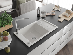 Mexen Elias žulový drez 1-komorový s odkvapkávačom a kuchynskou batériou Flora, biely - 6511-20-670401-02