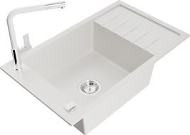 Mexen Elias žulový drez 1-komorový s odkvapkávačom a kuchynskou batériou Flora, biely - 6511-20-670401-02