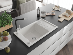 Mexen Elias jedno-komorový granitový drez s odkvapkávačom a kuchynskou batériou Flora, biely - 6511-20-670401-07