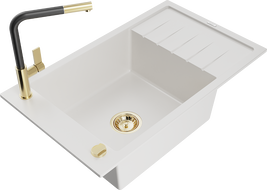 Mexen Elias žulový drez 1-komorový s odkvapkávačom a kuchynskou batériou Flora, biely - 6511-20-670401-57-G