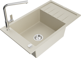 Mexen Elias žulový kuchynský drez s 1 komorou s odkvapkávačom a kuchynskou batériou Flora, béžový - 6511-69-670401-00