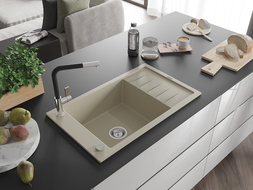 Mexen Elias granitový drez 1-komorový s odkvapkávacou plochou a kuchynskou batériou Flora, béžový - 6511-69-670401-07