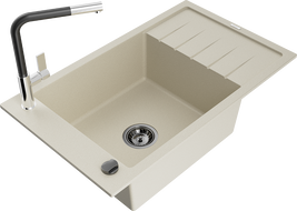 Mexen Elias granitový drez 1-komorový s odkvapkávacou plochou a kuchynskou batériou Flora, béžový - 6511-69-670401-07