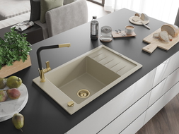 Mexen Elias granitový drez 1-komorový s odkvapkávacou plochou a kuchynskou batériou Flora, béžový - 6511-69-670401-57-G