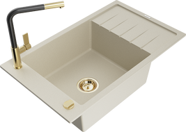 Mexen Elias granitový drez 1-komorový s odkvapkávacou plochou a kuchynskou batériou Flora, béžový - 6511-69-670401-57-G