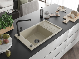 Mexen Elias kuchynský drez z granitu 1-komorový s odkvapkávačom a kuchynskou batériou Flora, béžový - 6511-69-670401-70-B