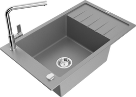 Mexen Elias granitový drez 1-komorový s odkvapkávačom a kuchynskou batériou Flora, šedý - 6511-71-670401-00