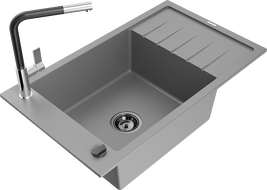 Mexen Elias žulový drez s 1 komorou a odkvapkávačom, kuchynská batéria Flora, sivá - 6511-71-670401-07-B