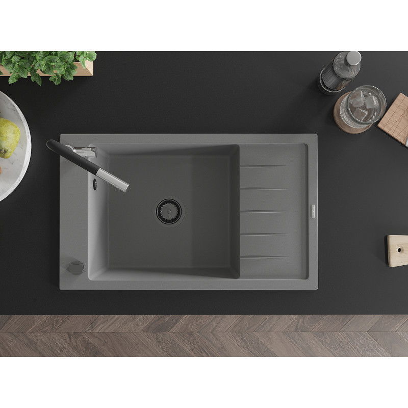 Mexen Elias žulový drez s 1 komorou a odkvapkávačom, kuchynská batéria Flora, sivá - 6511-71-670401-07-B