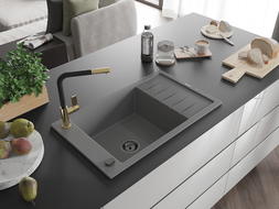 Mexen Elias granitový kuchynský drez 1-komorový s odkvapom a kuchynskou batériou Flora, šedý - 6511-71-670401-57-B