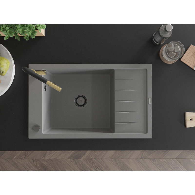 Mexen Elias granitový kuchynský drez 1-komorový s odkvapom a kuchynskou batériou Flora, šedý - 6511-71-670401-57-B