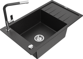 Mexen Elias granitový drez s 1 komorou s odkvapkávačom a kuchynskou batériou Flora, čierny/strieborný metalik
