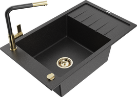 Mexen Elias granitový drez s 1 komorou s odkvapkávačom a kuchynskou batériou Flora, čierny/strieborný metalický