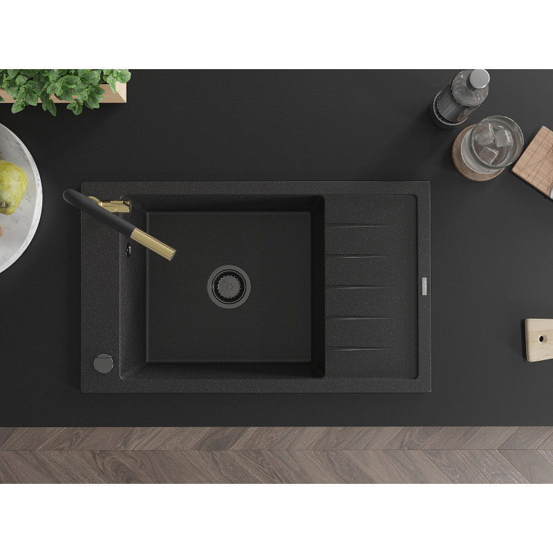 Mexen Elias granitový drez s 1 komorou s odkvapkávačom a kuchynskou batériou Flora, čierny/strieborný metalický