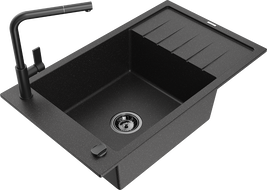 Mexen Elias granitový drez s jednou komorou, odkvapkávačom a kuchynskou batériou Flora, čierny/strieborný metalik
