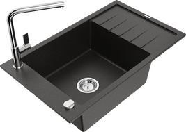 Mexen Elias žulový drez 1-komorový s odkvapkávačom a kuchynskou batériou Flora, čierny/zlatý metalik - 6511-75-670401-00