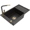 Mexen Elias granitový drez s 1 komorou odkvapkávačom a kuchynskou batériou Flora, čierny/zlatý metalický