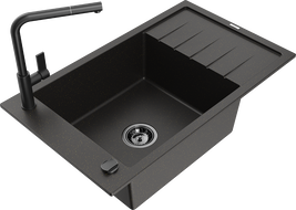 Mexen Elias granitový drez 1-komorový s odkvapkávačom a kuchynskou batériou Flora, čierny/zlatý metalik - 6511-75-670401-70-B