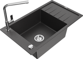 Mexen Elias žulový drez s 1 komorou a odkvapkávačom a kuchynskou batériou Flora, čierny fľakatý - 6511-76-670401-00