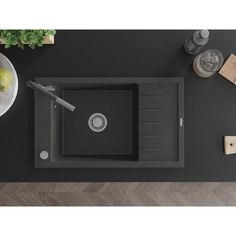 Mexen Elias jednokomorový granitový drez s odkvapkávačom a kuchynskou batériou Flora, čierny škvrnitý - 6511-76-670401-08