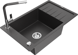 Mexen Elias jednokomorový granitový drez s odkvapkávačom a kuchynskou batériou Flora, čierny škvrnitý - 6511-76-670401-08