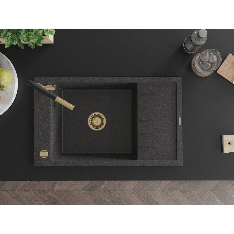 Mexen Elias žulový kuchynský drez s jednou nádobou a odkvapkávačom a kuchynskou batériou Flora, čierny s bodkami