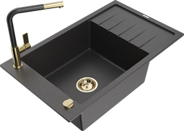 Mexen Elias žulový kuchynský drez s jednou nádobou a odkvapkávačom a kuchynskou batériou Flora, čierny s bodkami