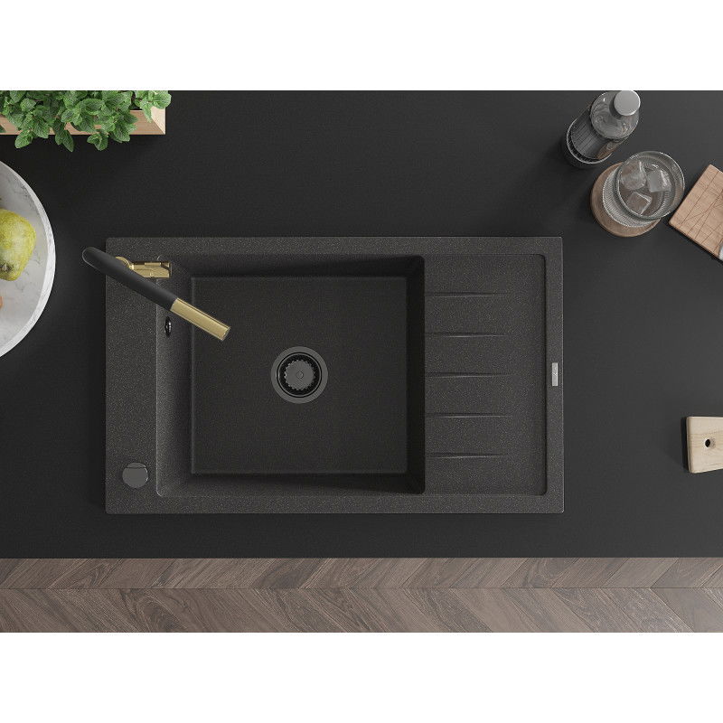 Mexen Elias granitový drez s 1-misou a odkvapkávačom a kuchynskou batériou Flora, čierny bodkovaný - 6511-76-670401-57-B