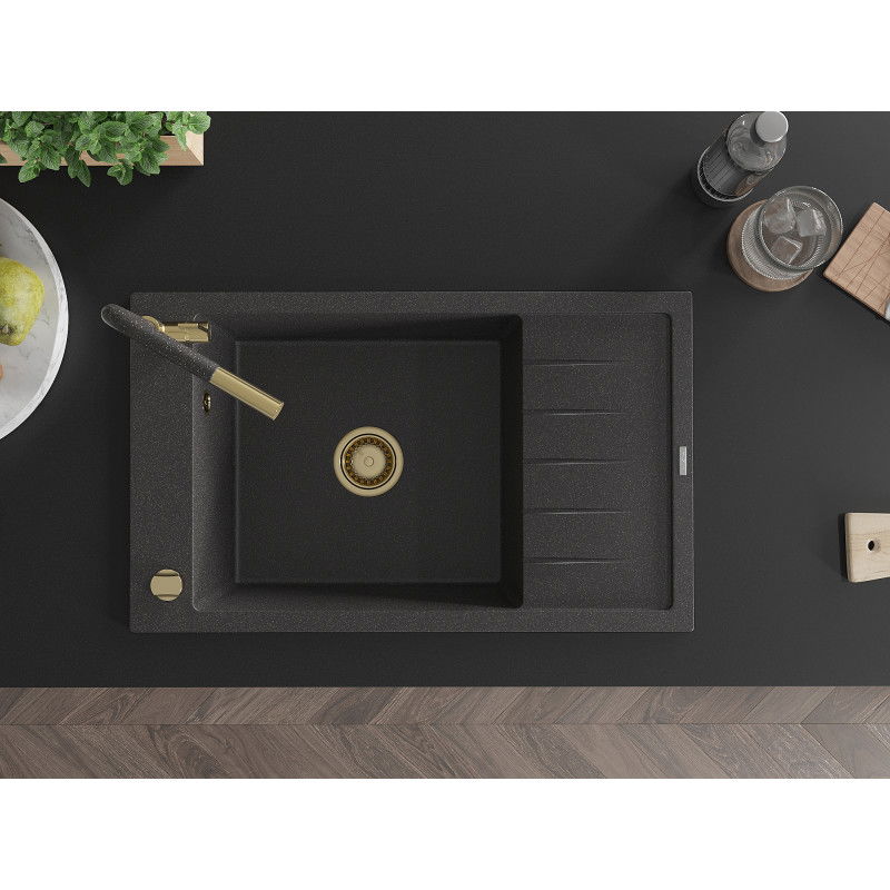 Mexen Elias žulový drez s 1 komorou s odkvapkávačom a kuchynskou batériou Flora, čierny s bodkami - 6511-76-670401-75-G