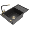 Mexen Elias granitový drez 1-komorový s odkvapkávačom a kuchynskou batériou Flora, čierny s fŕkaným vzorom