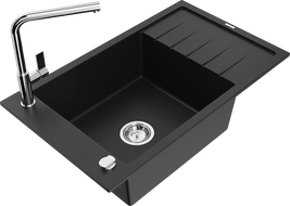 Mexen Elias žulový drez 1-komorový s odkvapkávačom a kuchynskou batériou Flora, čierny - 6511-77-670401-00