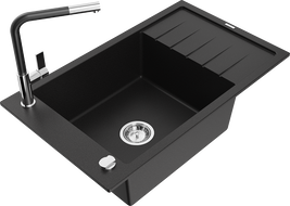 Mexen Elias žulový drez s 1 komorou s odkvapkávačom a kuchynskou batériou Flora, čierny - 6511-77-670401-07