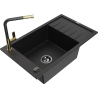 Mexen Elias granitový drez 1-komorový s odkvapkávačom a kuchynskou batériou Flora, čierny - 6511-77-670401-57-B