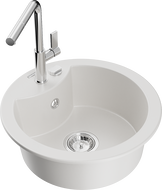 Mexen Diego 1-komorový žulový drez s kuchynskou batériou Flora, biely - 6512-20-670401-00