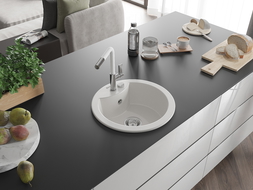 Mexen Diego žulový drez 1-komorový s kuchynskou batériou Flora, biela - 6512-20-670401-02