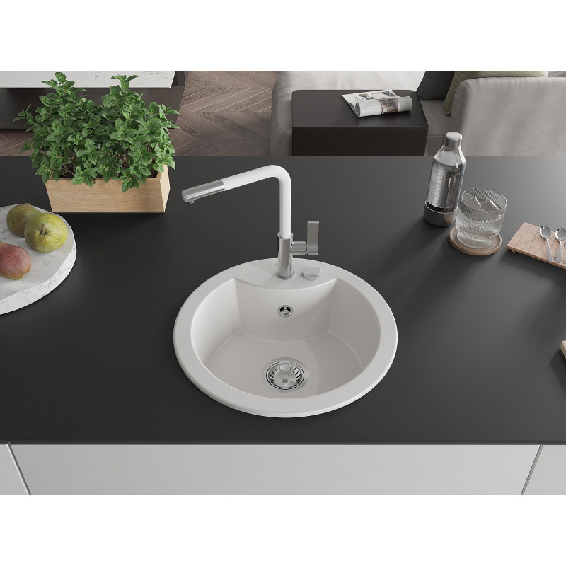 Mexen Diego granitový kuchynský drez s 1 komorou s kuchynskou batériou Flora, biely - 6512-20-670401-02