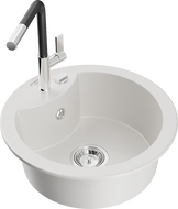 Mexen Diego 1-komorový žulový drez s kuchynskou batériou Flora, biely - 6512-20-670401-07