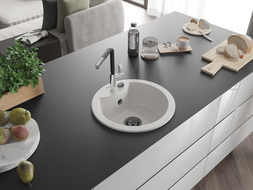 Mexen Diego žulový kuchynský drez s 1 komorou a kuchynskou batériou Flora, biely - 6512-20-670401-07-B