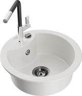 Mexen Diego žulový kuchynský drez s 1 komorou a kuchynskou batériou Flora, biely - 6512-20-670401-07-B