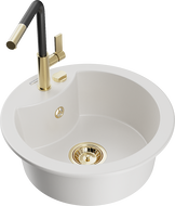 Mexen Diego žulový jednokomorový drez s kuchynskou batériou Flora, biely - 6512-20-670401-57-G