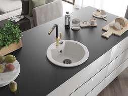 Mexen Diego granitový drez s jednou komorou a kuchynskou batériou Flora, biely - 6512-20-670401-57-B