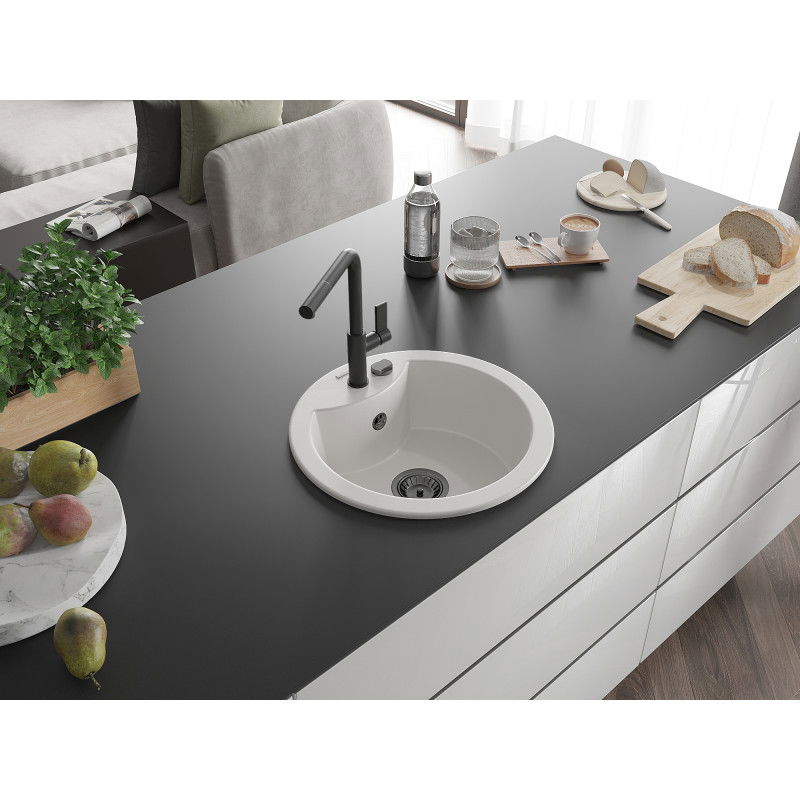 Mexen Diego granitový drez 1-komorový s kuchynskou batériou Flora, biely - 6512-20-670401-70-B