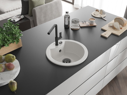 Mexen Diego granitový drez 1-komorový s kuchynskou batériou Flora, biely - 6512-20-670401-70-B