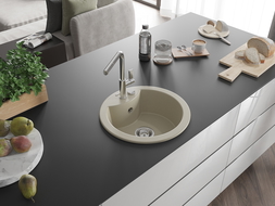 Mexen Diego jednokomorový granitový drez s kuchynskou batériou Flora, béžový - 6512-69-670401-00