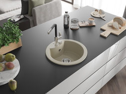 Mexen Diego žulový drez s jednou komorou a kuchynskou batériou Flora, béžová - 6512-69-670401-07