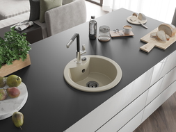 Mexen Diego žulový kuchynský drez s 1 komorou a kuchynskou batériou Flora, béžový - 6512-69-670401-07-B