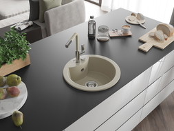 Mexen Diego žulový kuchynský drez 1-komorový s kuchynskou batériou Flora, béžový - 6512-69-670401-09