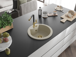 Mexen Diego žulový drez s 1-komorou a kuchynskou batériou Flora, béžový - 6512-69-670401-57-G