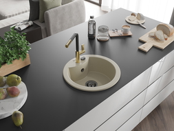 Mexen Diego žulový kuchynský drez s 1 komorou a kuchynskou batériou Flora, béžový - 6512-69-670401-57-B