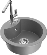 Mexen Diego žulový drez 1-komorový s kuchynskou batériou Flora, sivý - 6512-71-670401-00